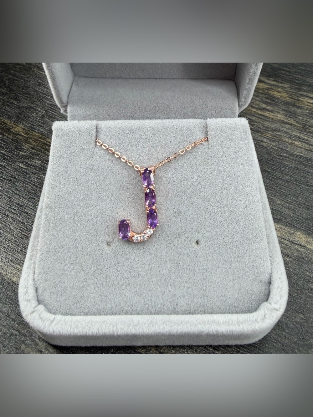 Stunning Natural Amethyst Initial J  in 18K Rose Gold 20” Pendant Necklace